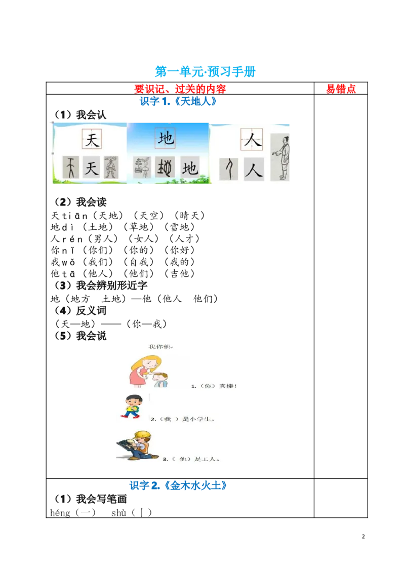 统编版语文一年级（上）1-8单元新课预习手册_一年级上下册资料_小学一年级学习资料-25年更新版_1-01、小学一年级语文上册_01、知识汇总_预习单