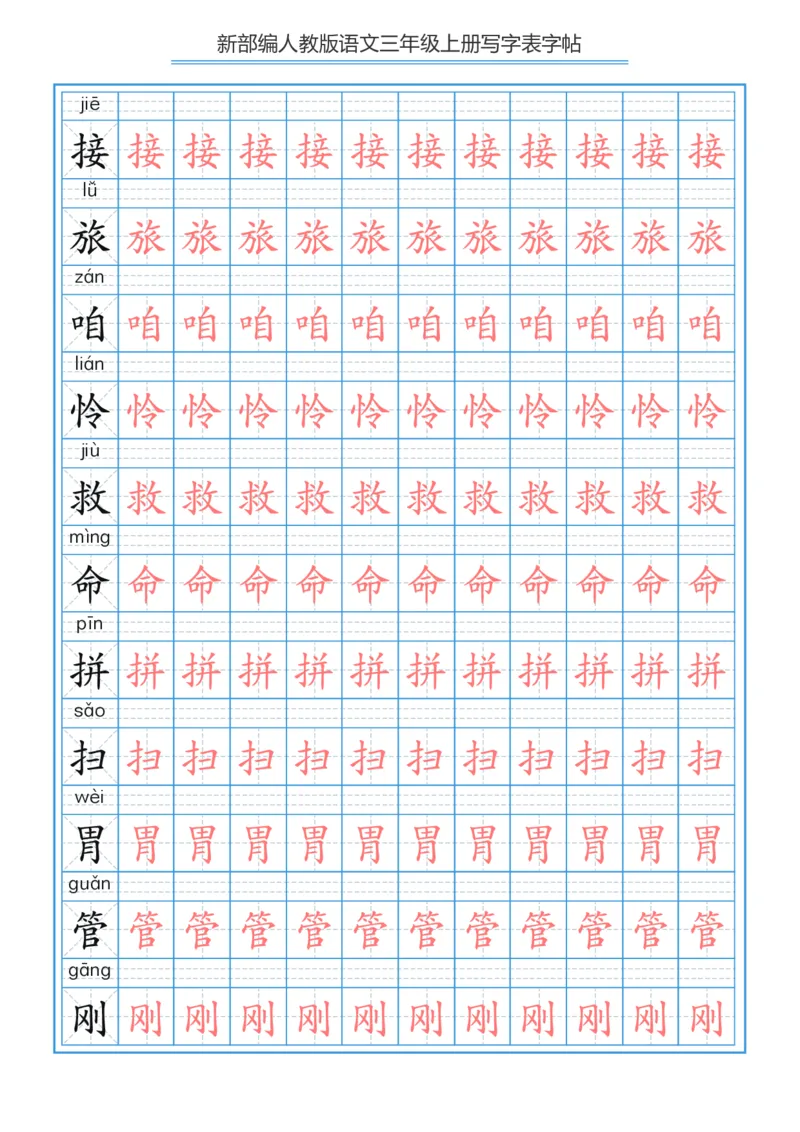 部编版小学三年级上册语文课本写字表字帖250字_三年级上下册资料_小学三年级学习资料-25年更新版_3-01、小学三年级语文上册_3-1-5、字贴、书写、晨读