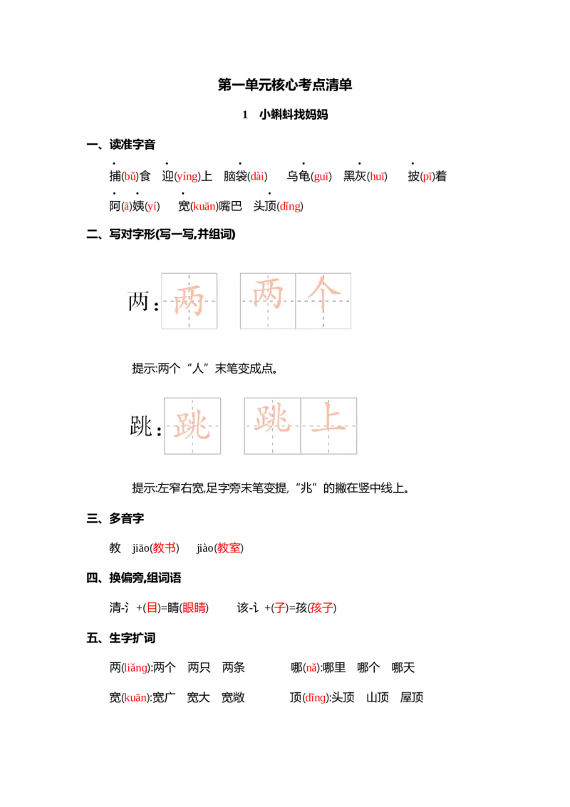 第一单元核心考点清单_二年级上下册资料_二年级语数英上下册学习资料_3-7-1、小学二年级语文上册_统编、部编、人教（语文全国统一只有一个版）_2023更新