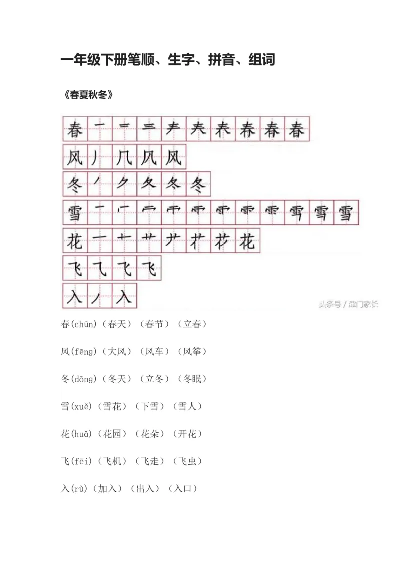 笔顺、生字、拼音、组词资料_一年级上下册资料_一年级上语数英上下册学习资料_3-6-2、小学一年级语文下册_统编、部编、人教（语文全国统一只有一个版）_1、知识点总结_专项-字词句子