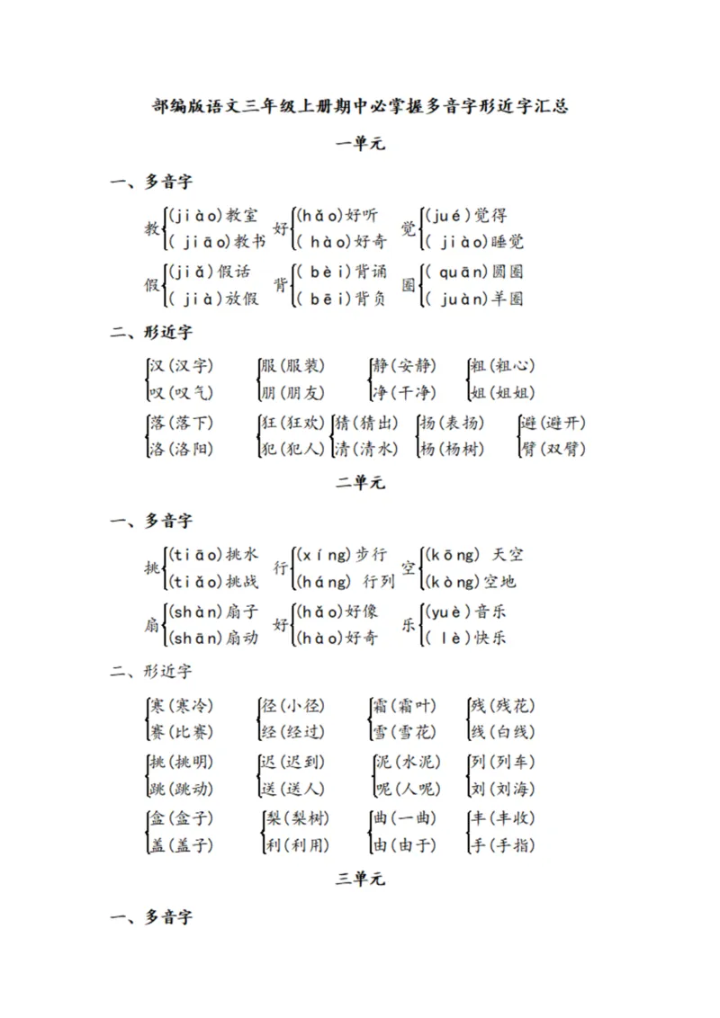 部编版语文三年级上册期中必掌握多音字形近字汇总_三年级上下册资料_小学三年级学习资料-25年更新版_3-01、小学三年级语文上册_3-1-1、复习、知识点、归纳汇总