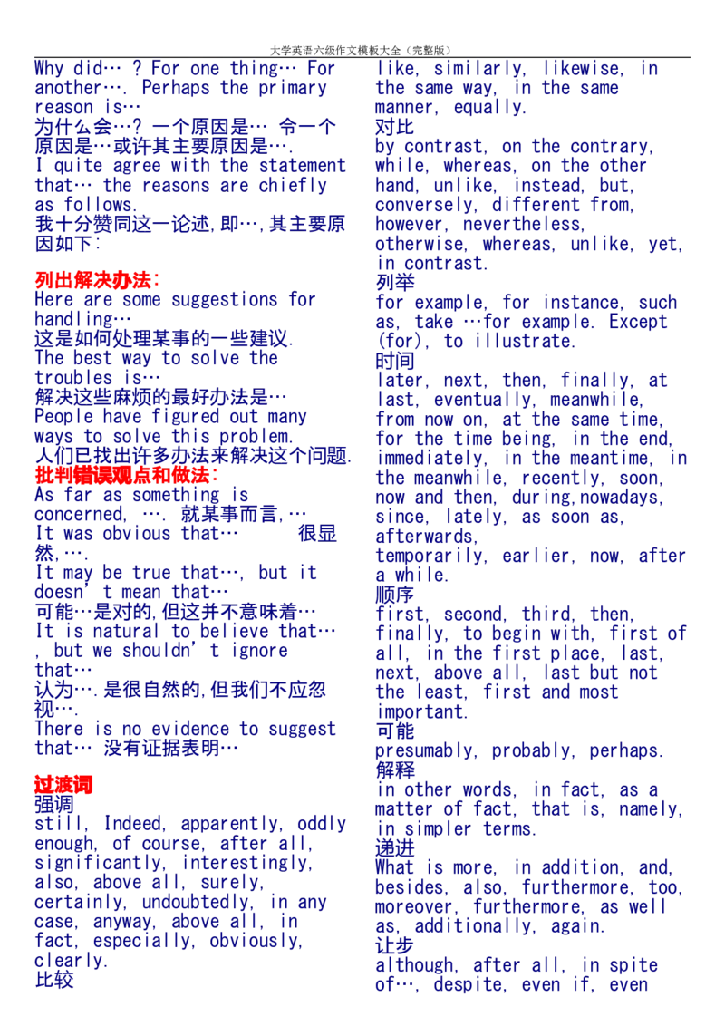 大学英语六级作文模板大全(完整版)_六级_六级写作专项_六级写作