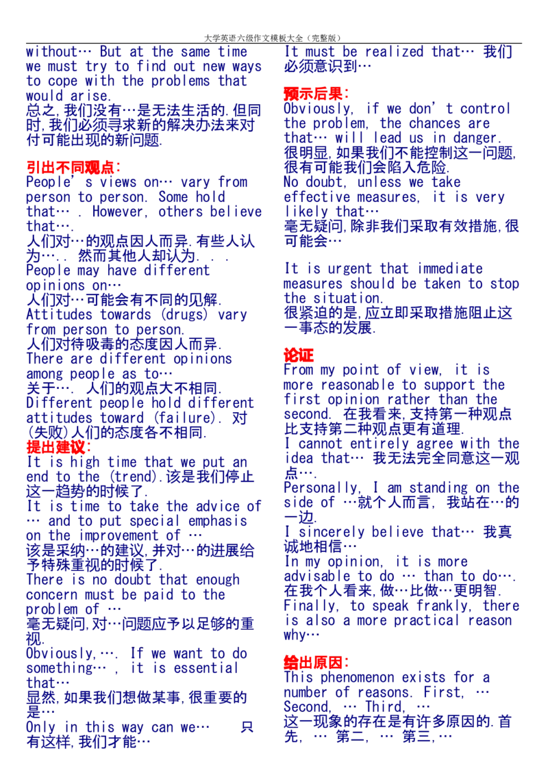 大学英语六级作文模板大全(完整版)_六级_六级写作专项_六级写作