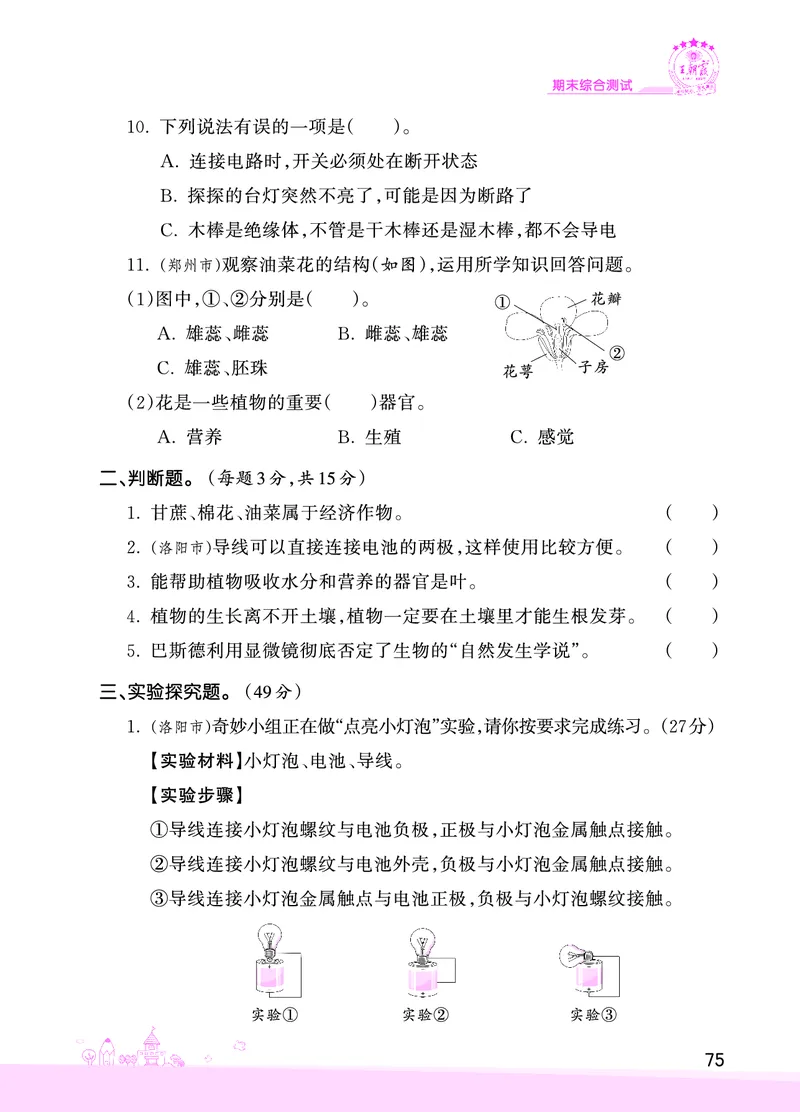 期末综合测试正文_三年级上下册资料_小学三年级学习资料-25年更新版_3-10、小学三年级科学下册_大象版_期末测试卷