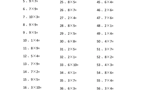 表内乘法第61-80篇（高级）_小学数学口算竖式脱式计算应用题一二三四五六年级上下册电_小学数学口算题库电子版（1-6）_小学数学口算二年级_口算题适合2年级