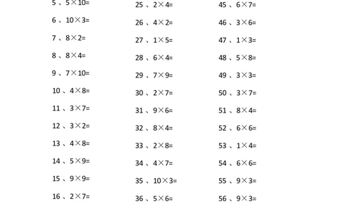 表内乘法第61-80篇（高级）_小学数学口算竖式脱式计算应用题一二三四五六年级上下册电_小学数学口算题库电子版（1-6）_小学数学口算二年级_口算题适合2年级