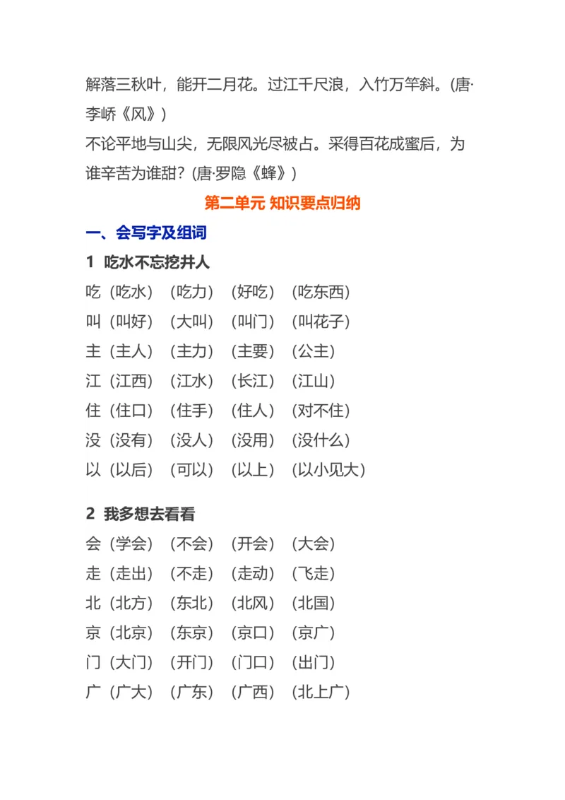 语文1下各单元知识要点归纳_一年级上下册资料_小学一年级学习资料-25年更新版_1-02、小学一年级语文下册_3-6-2-1、复习、知识点、归纳汇总_部编（人教）版_知识汇总