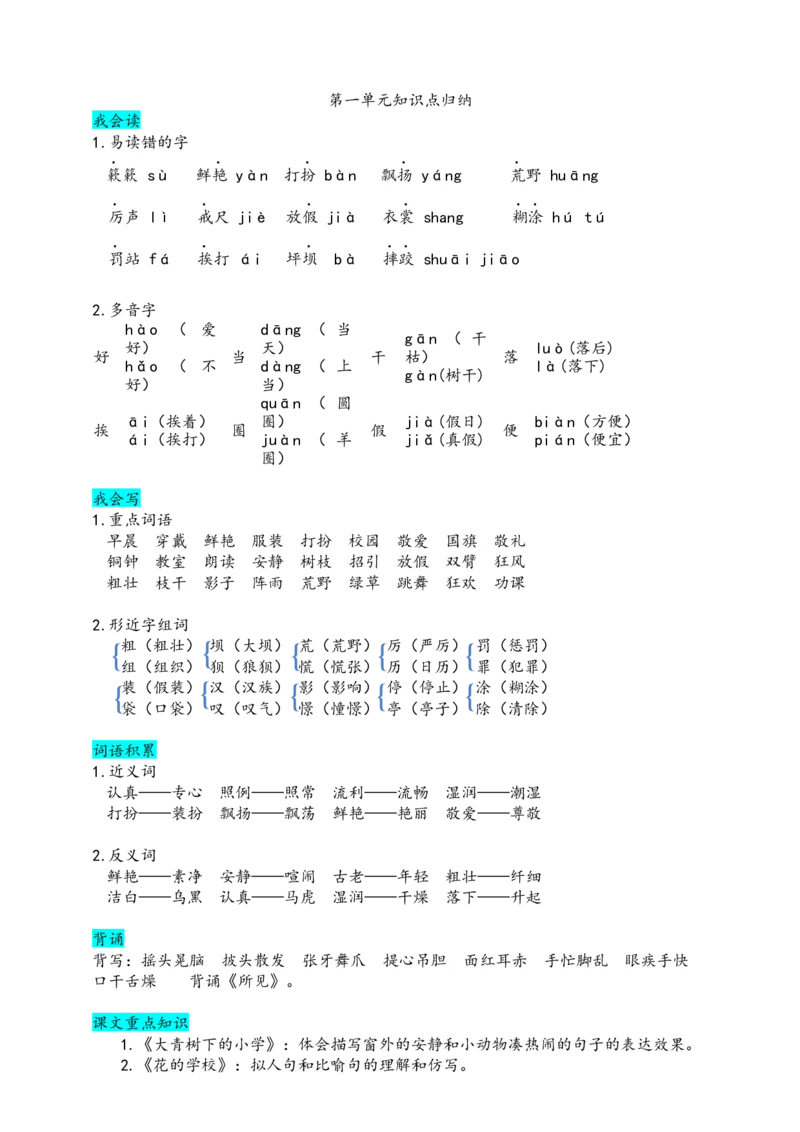 部编版三（上）第一单元知识盘点_三年级上下册资料_小学三年级学习资料-25年更新版_3-01、小学三年级语文上册_3-1-1、复习、知识点、归纳汇总_语文三（上）1-8单元重点.知识点.课文归纳2