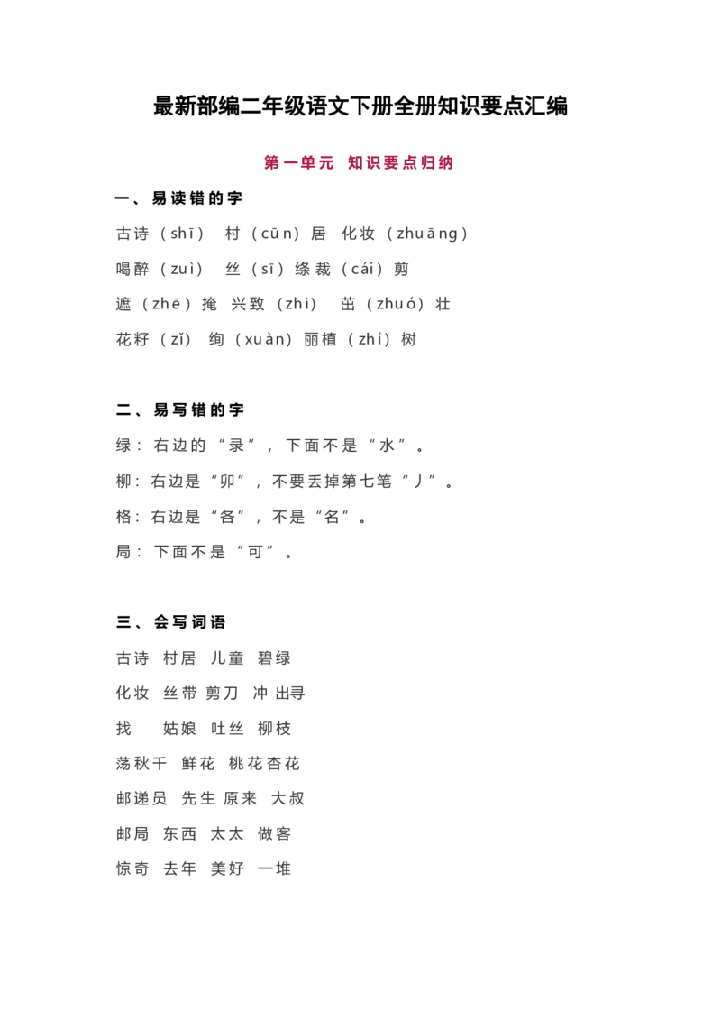 知识要点二年级下全册_二年级上下册资料_小学二年级学习资料-25年更新版_2-02、小学二年级语文下册_2-2-1、复习、知识点、归纳汇总
