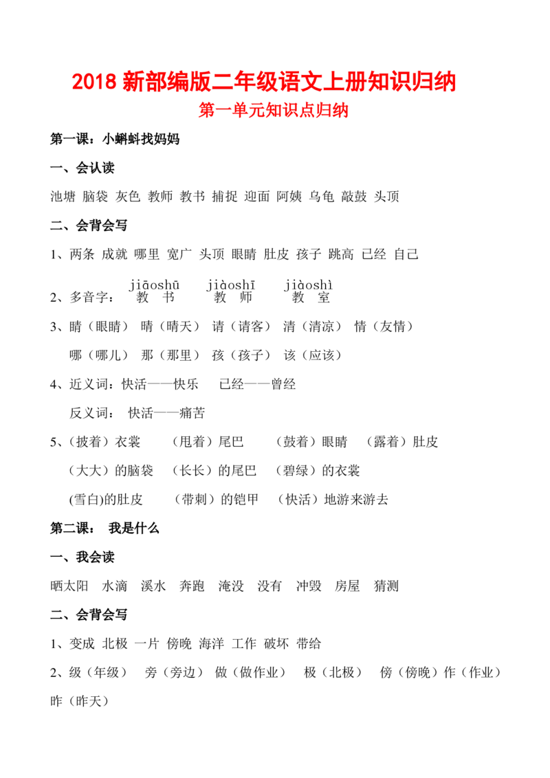 部编人教版-二年级上册语文知识点归纳汇总(全)_二年级上下册资料_小学二年级学习资料-25年更新版_2-01、小学二年级语文上册_2-1-1、复习、知识点、归纳汇总_知识汇总