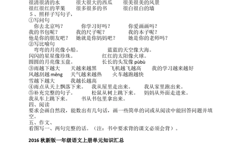 部编版一年级上册语文单元知识整理复习资料_一年级上下册资料_小学一年级学习资料-25年更新版_1-01、小学一年级语文上册_01、知识汇总
