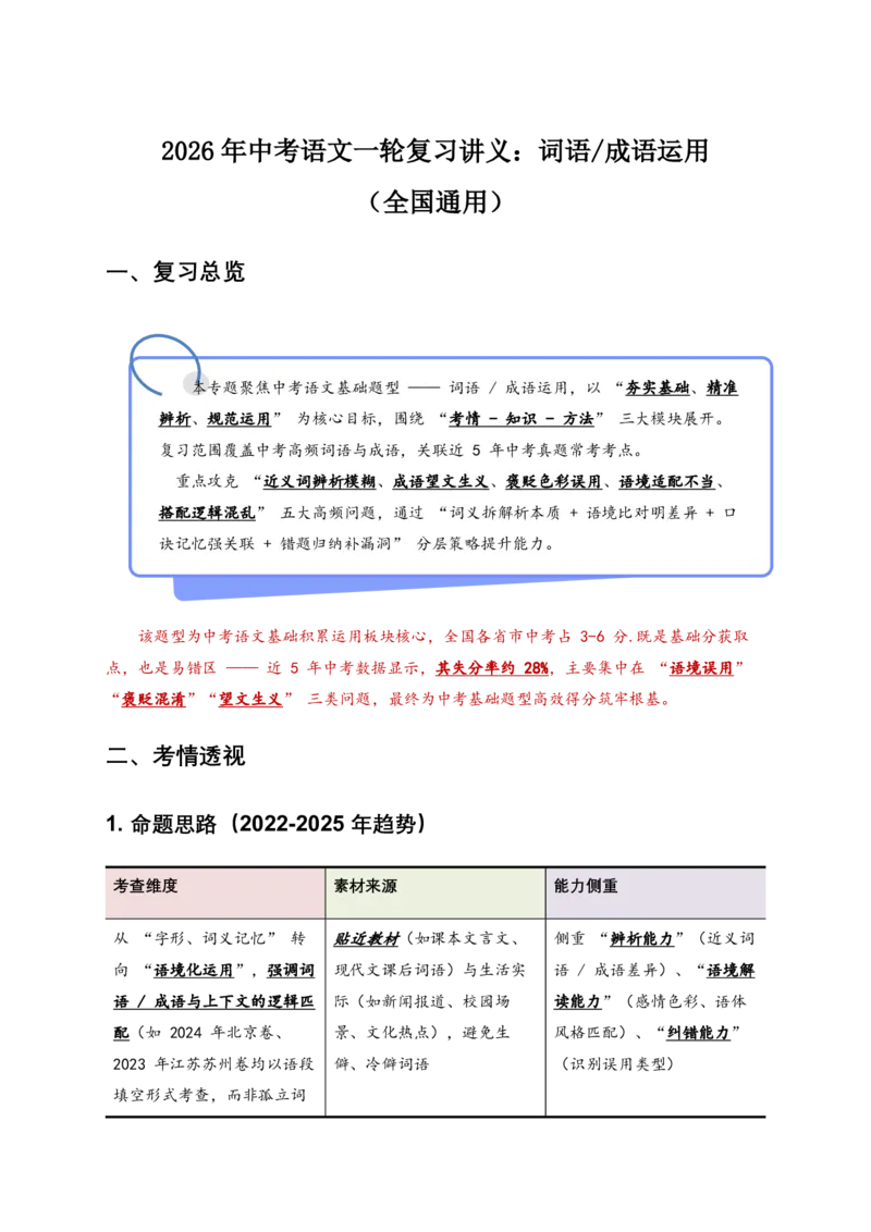 词语成语运用(原卷)_462026中考语文一轮复习练考点+练专题+练模块_词语成语运用
