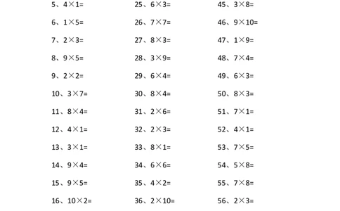 表内乘法第61-80篇（高级）_小学数学口算竖式脱式计算应用题一二三四五六年级上下册电_小学数学口算题库电子版（1-6）_小学数学口算二年级_口算题适合2年级