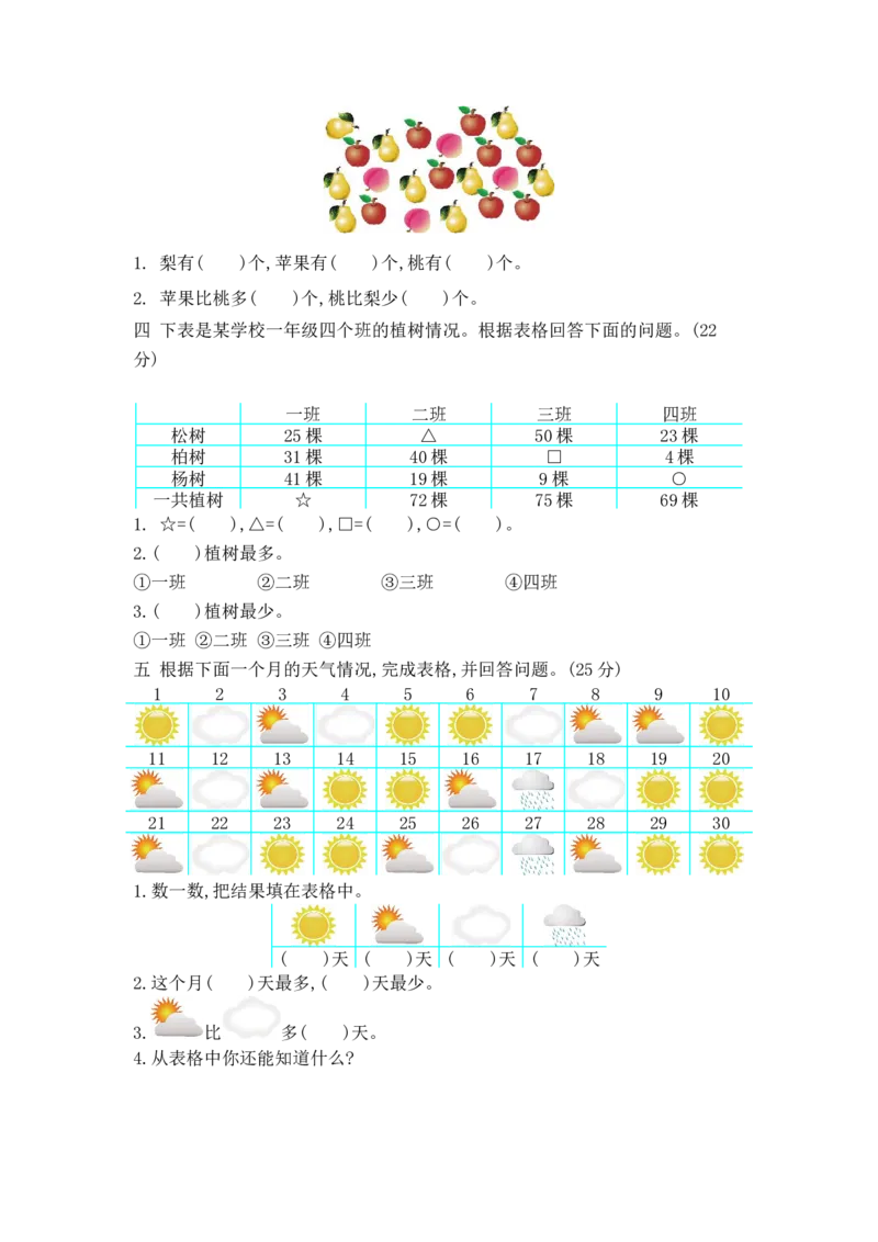 第九单元测试卷2_一年级上下册资料_小学一年级学习资料-25年更新版_1-04、小学一年级数学下册_1-4-2、练习题、作业、试题、试卷_青岛54版_青岛54版单元检测卷