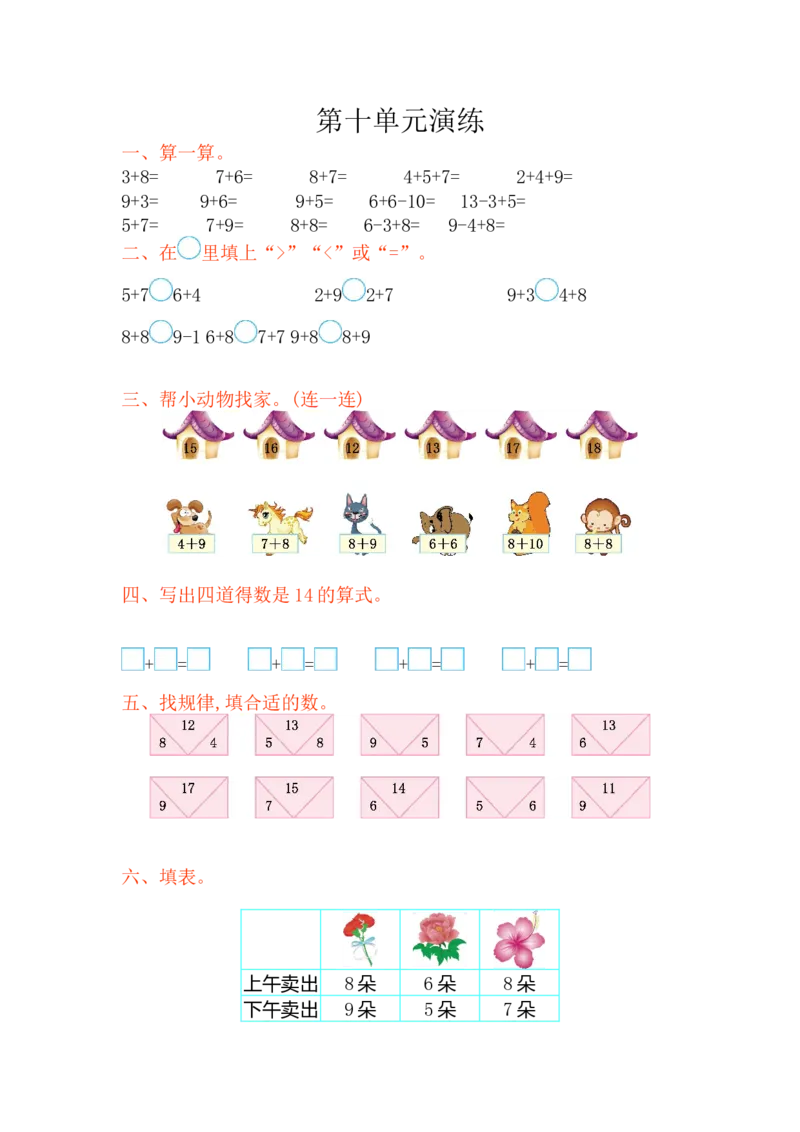 苏教版数学一年级上学期第10单元测试卷_一年级上下册资料_小学一年级学习资料-25年更新版_1-03、小学一年级数学上册_苏教版_03、单元试卷_苏教版数学一年级上学期单元测试卷