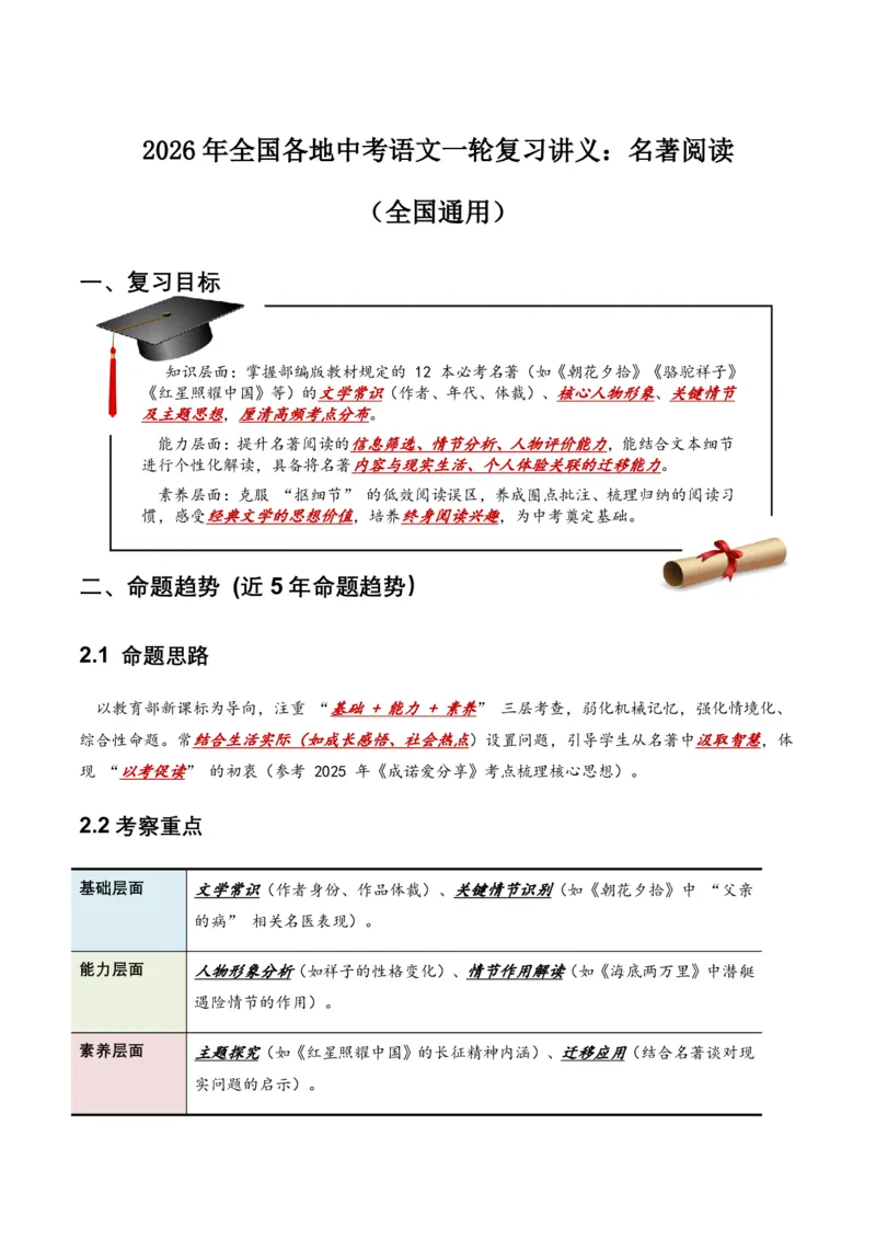 2026年全国各地中考语文一轮复习讲义：名著阅读(含答案解析)_462026中考语文一轮复习练考点+练专题+练模块_名著阅读