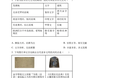 精品解析：广东省广州市白云中学教育集团联考2024-2025学年九年级上学期期中历史试题（原卷版）_广州九上月考+期中+期末+一模二模+中考真题_2024年秋9年级期中历史试卷和答案解析10份