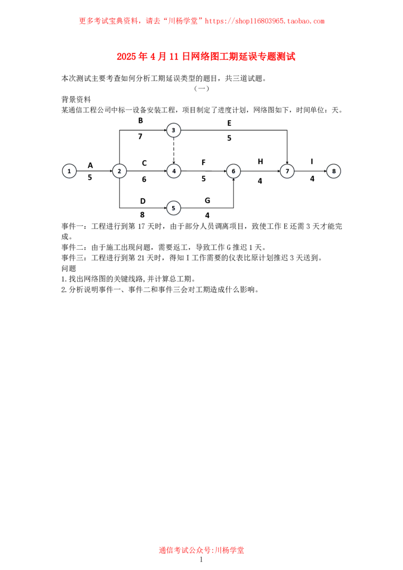 2025年4月11日网络图工期延误专项测试-空白卷_2026年一级建造师_2026年一建通信_2025年一建通信SVIP_02-基础精讲✿高端面授✿深度强化_06-通信《全系VIP班》川杨SMR推荐