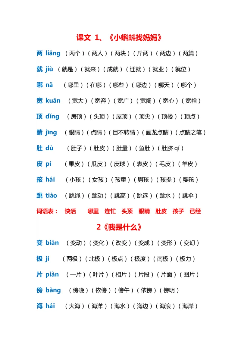 部编版二年级语文上册生字拼音组词_二年级上下册资料_小学二年级学习资料-25年更新版_2-01、小学二年级语文上册_2-1-2、练习题、作业、试题、试卷_专项练习