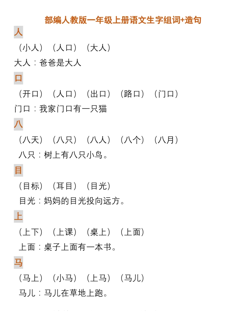 部编人教版一年级上册语文生字组词造句_一年级上下册资料_小学一年级学习资料-25年更新版_1-01、小学一年级语文上册_01、知识汇总
