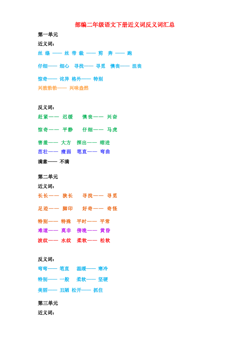 部编二年级语文下册近义词反义词汇总_二年级上下册资料_小学二年级学习资料-25年更新版_2-02、小学二年级语文下册_2-2-1、复习、知识点、归纳汇总