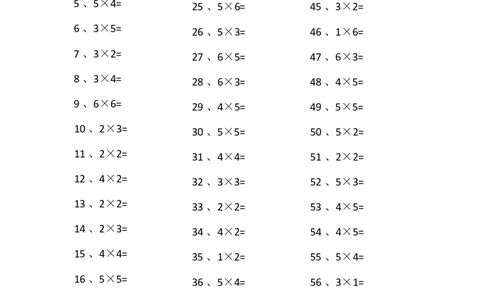 表内乘法第61-80篇（初级）_小学数学口算竖式脱式计算应用题一二三四五六年级上下册电_小学数学口算题库电子版（1-6）_小学数学口算二年级_口算题适合2年级