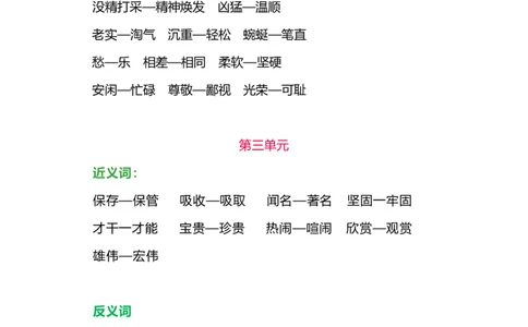 部编版三年级语文下册各单元近、反义词汇总_三年级上下册资料_小学三年级学习资料-25年更新版_3-02、小学三年级语文下册_3-2-1、学习资料、复习、知识点、归纳汇总_语文-知识汇总