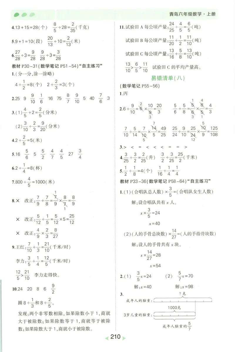 答案_25秋小学语数英习题试卷_数学_青岛版（五四+六三）_25秋《状元笔记》数学青岛版456_状元数学笔记QD6上