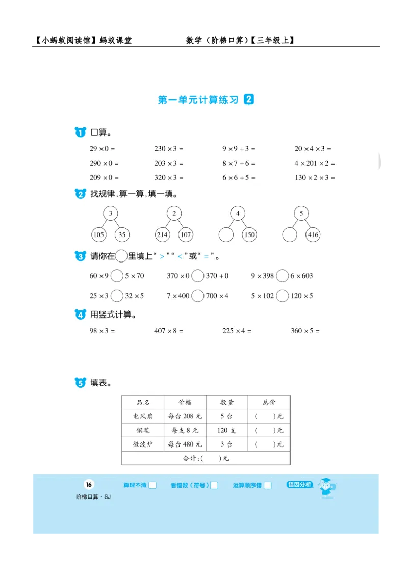 阶梯口算三年级（上）_一到六小学晨读晚默晨诵晚读_三年级上册各类资料(小纸条知识点默写单)