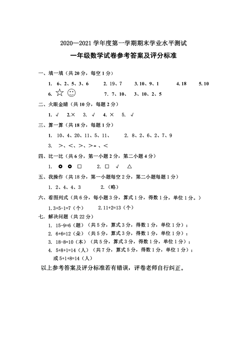 河北省张家口怀安县数学一年级第一学期期末试题2020-2021学年（冀教版，含答案）_一年级上下册资料_小学一年级学习资料-25年更新版_1-03、小学一年级数学上册_冀教版_06、期末试卷