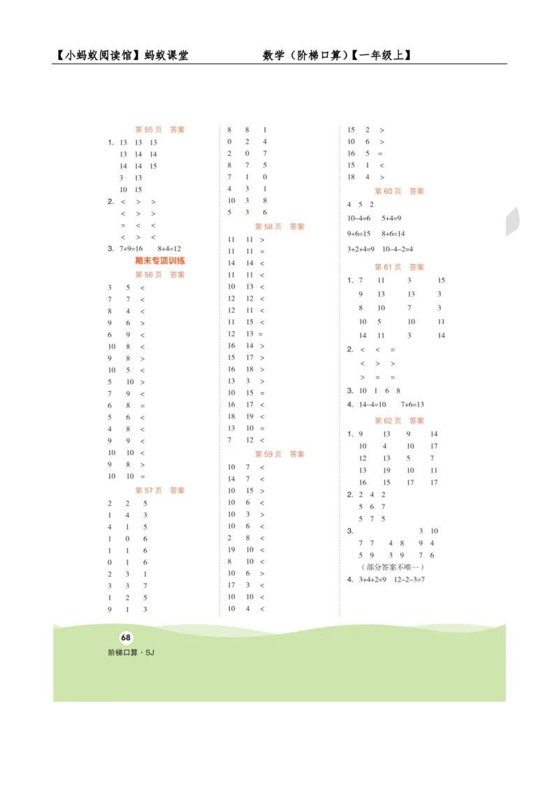 阶梯口算一年级（上）_一到六小学晨读晚默晨诵晚读_24秋一年级上册各类资料(小纸条知识点默写单)