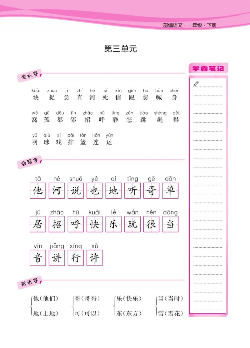 语文1年级1-8单元课堂知识清单_一年级上下册资料_小学一年级学习资料-25年更新版_1-02、小学一年级语文下册_3-6-2-1、复习、知识点、归纳汇总_部编（人教）版_知识汇总