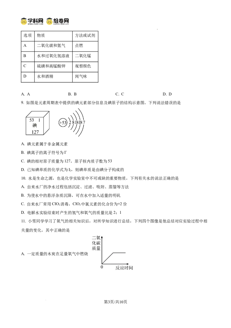 精品解析：广东省广州市广雅中学2024-2025学年九年级上学期期中化学试题（原卷版）_广州九上月考+期中+期末+一模二模+中考真题_2024年秋九年级上学期期中考试试卷和答案解析