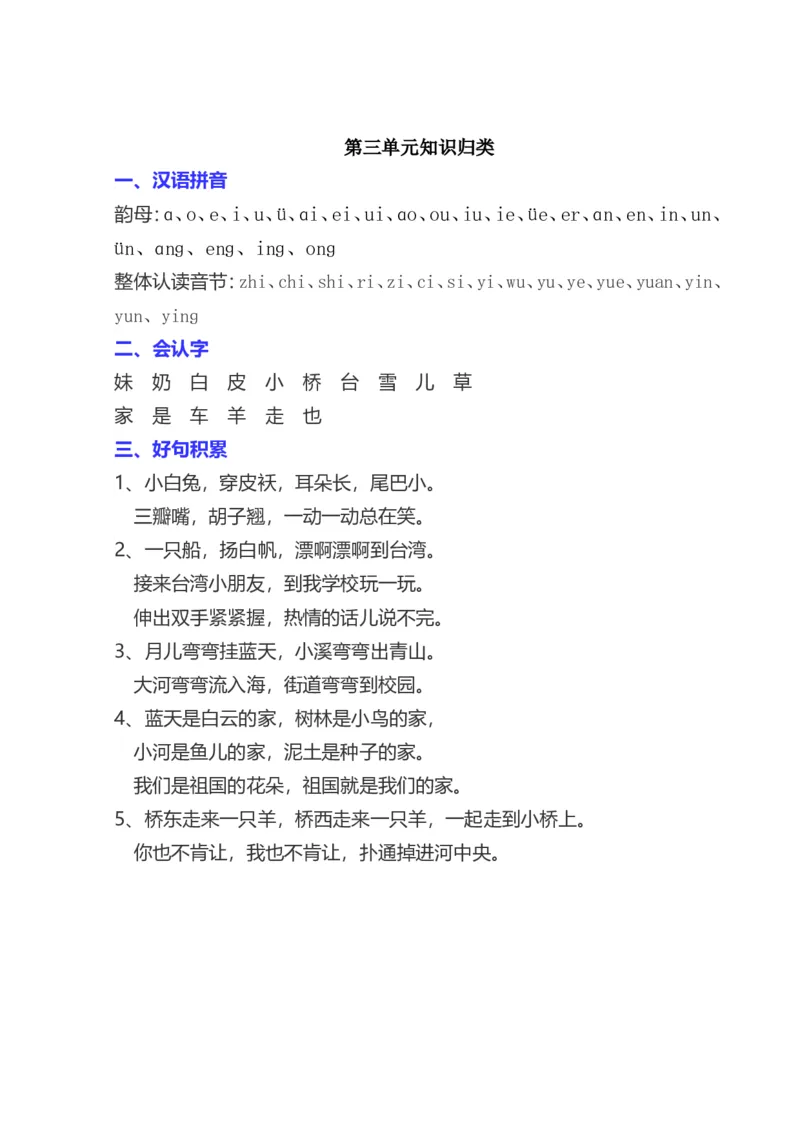 部编一年级语文上册-语文全册单元知识点归类汇总_一年级上下册资料_小学一年级学习资料-25年更新版_1-01、小学一年级语文上册_01、知识汇总