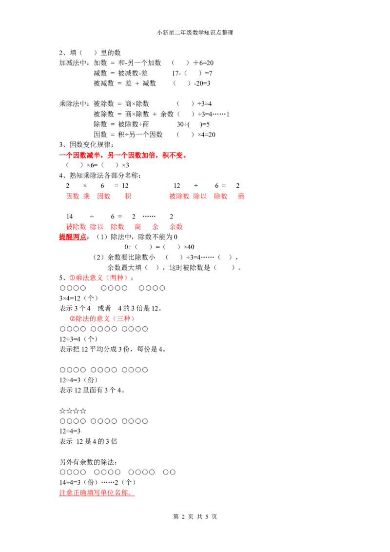 沪教版二年级上数学知识点_二年级上下册资料_小学二年级学习资料-25年更新版_2-03、小学二年级数学上册_2-3-1、复习、知识点、归纳汇总_沪教版