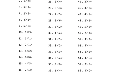 表内乘法第21-40篇（初级）_小学数学口算竖式脱式计算应用题一二三四五六年级上下册电_小学数学口算题库电子版（1-6）_小学数学口算二年级_口算题适合2年级