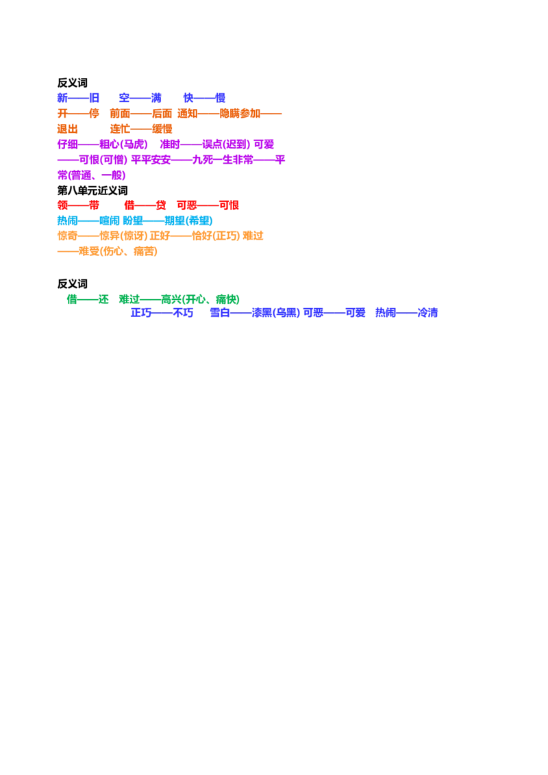 部编一年级语文下册近义词反义词汇总_一年级上下册资料_小学一年级学习资料-25年更新版_1-02、小学一年级语文下册_3-6-2-1、复习、知识点、归纳汇总_部编（人教）版_知识汇总