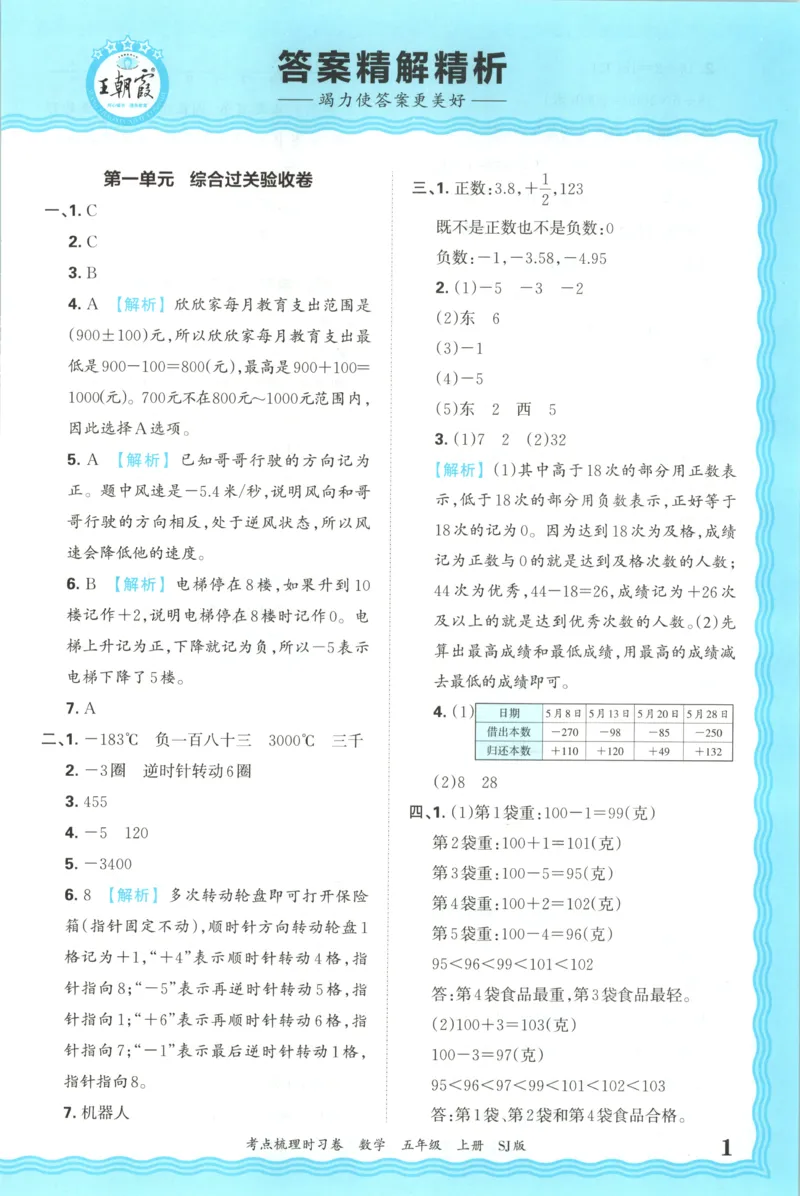 答案_25秋小学语数英习题试卷_数学_苏教版_数学《王朝霞考点梳理时习卷》苏教25秋(1)_考点梳理时习卷数学SJ5上