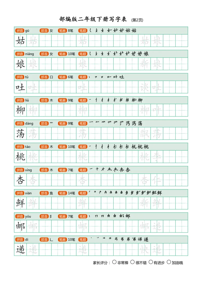 部编版二年级下册写字表(笔顺、可打印)_二年级上下册资料_小学二年级学习资料-25年更新版_2-02、小学二年级语文下册_2-2-1、复习、知识点、归纳汇总