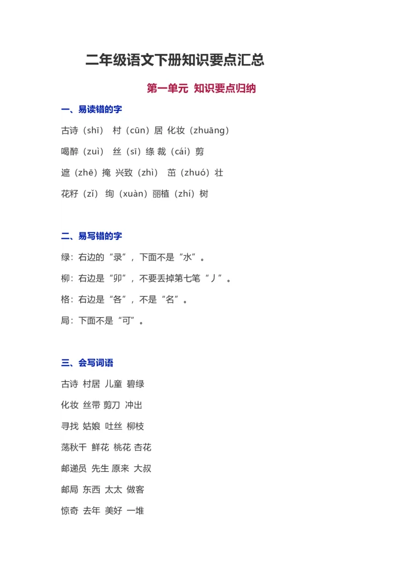 第1-8单元知识要点汇总_二年级上下册资料_二年级语数英上下册学习资料_3-7-2、小学二年级语文下册_统编、部编、人教（语文全国统一只有一个版）_1、知识点总结_单元知识点