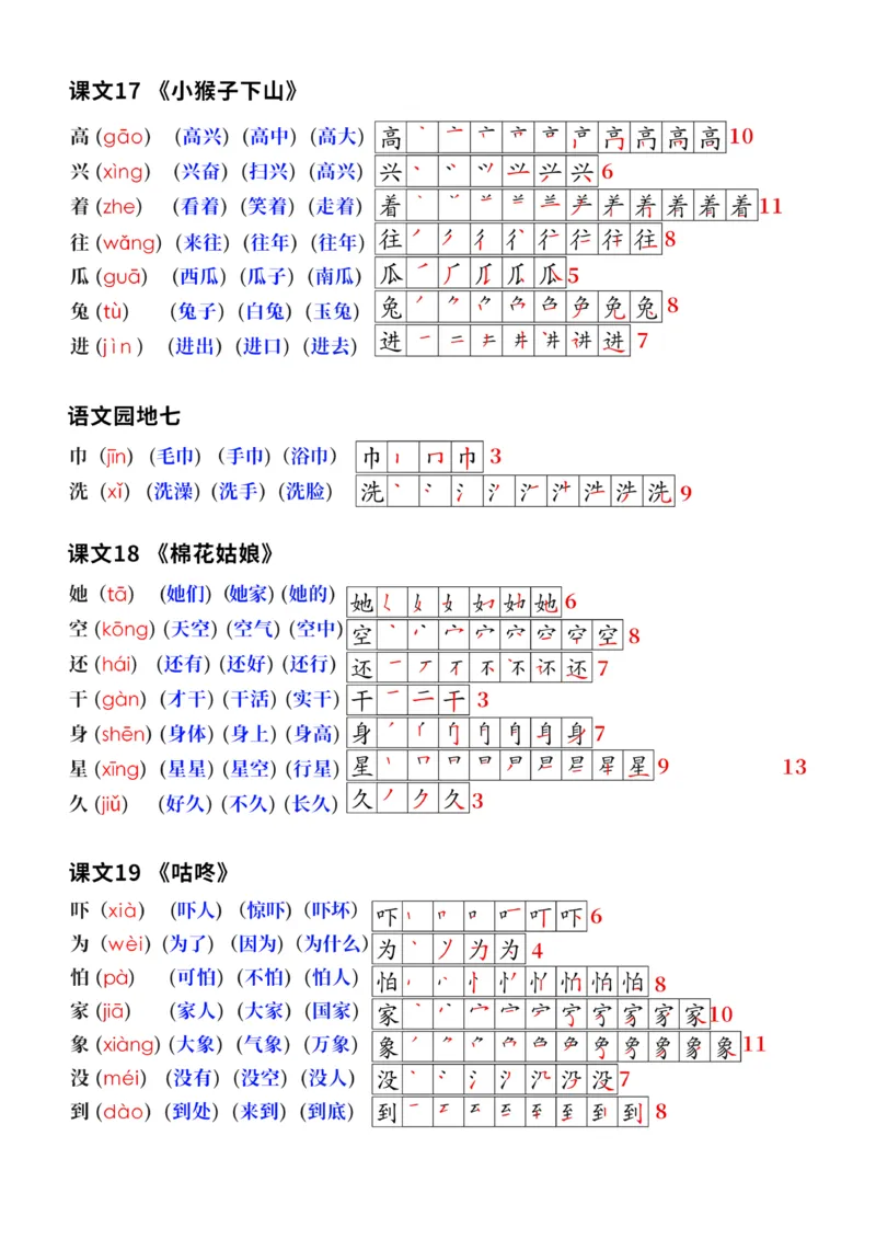 终版一下语文生字笔顺拼音组词课本贴修正版1_一年级上下册资料_一年级下册小红书同款资料_一下语文