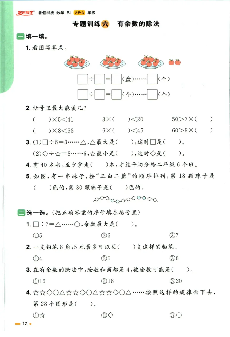 阳光同学暑假衔接二升三数学人教版_三年级上下册资料_小学三年级学习资料-25年更新版_3-12、寒暑假大礼包_暑假