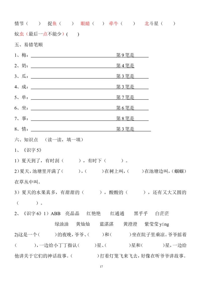 语文一年级下册知识点梳理_一年级上下册资料_小学一年级学习资料-25年更新版_1-02、小学一年级语文下册_3-6-2-1、复习、知识点、归纳汇总_部编（人教）版_知识汇总