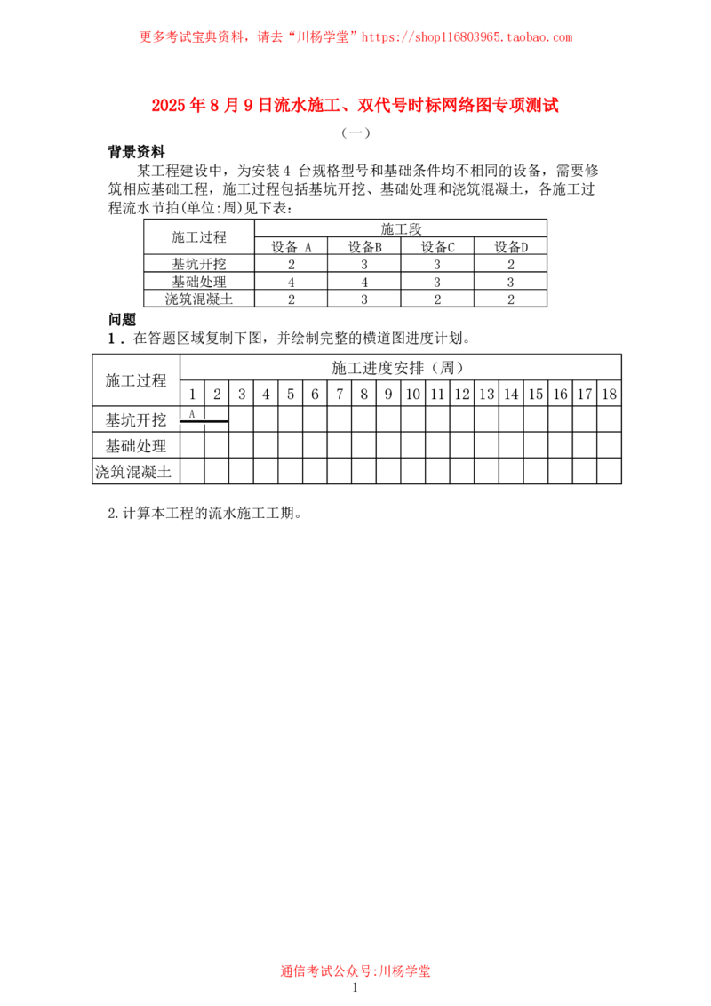 2025年8月9日流水施工、双代号时标网络图专项测试-空白卷_2026年一级建造师_2026年一建通信_2025年一建通信SVIP_02-基础精讲✿高端面授✿深度强化_专项测试