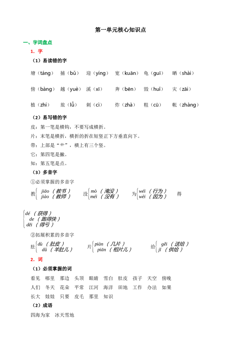 第一单元核心知识点_二年级上下册资料_小学二年级学习资料-25年更新版_2-01、小学二年级语文上册_2-1-1、复习、知识点、归纳汇总_二上语文单元核心知识点