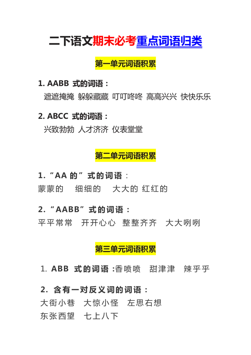 资料丨二下语文期末必考重点词语归类_二年级上下册资料_小学二年级学习资料-25年更新版_2-02、小学二年级语文下册_2-2-1、复习、知识点、归纳汇总_精品知识汇总