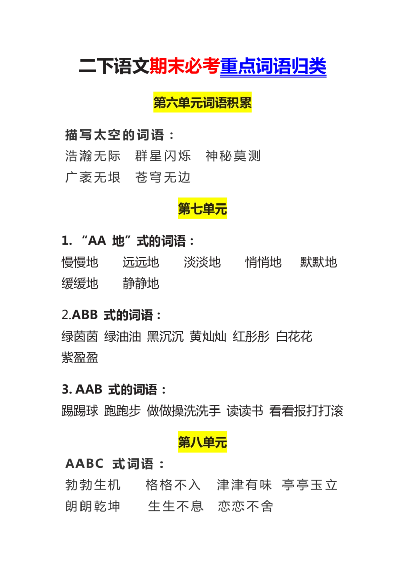资料丨二下语文期末必考重点词语归类_二年级上下册资料_小学二年级学习资料-25年更新版_2-02、小学二年级语文下册_2-2-1、复习、知识点、归纳汇总_精品知识汇总