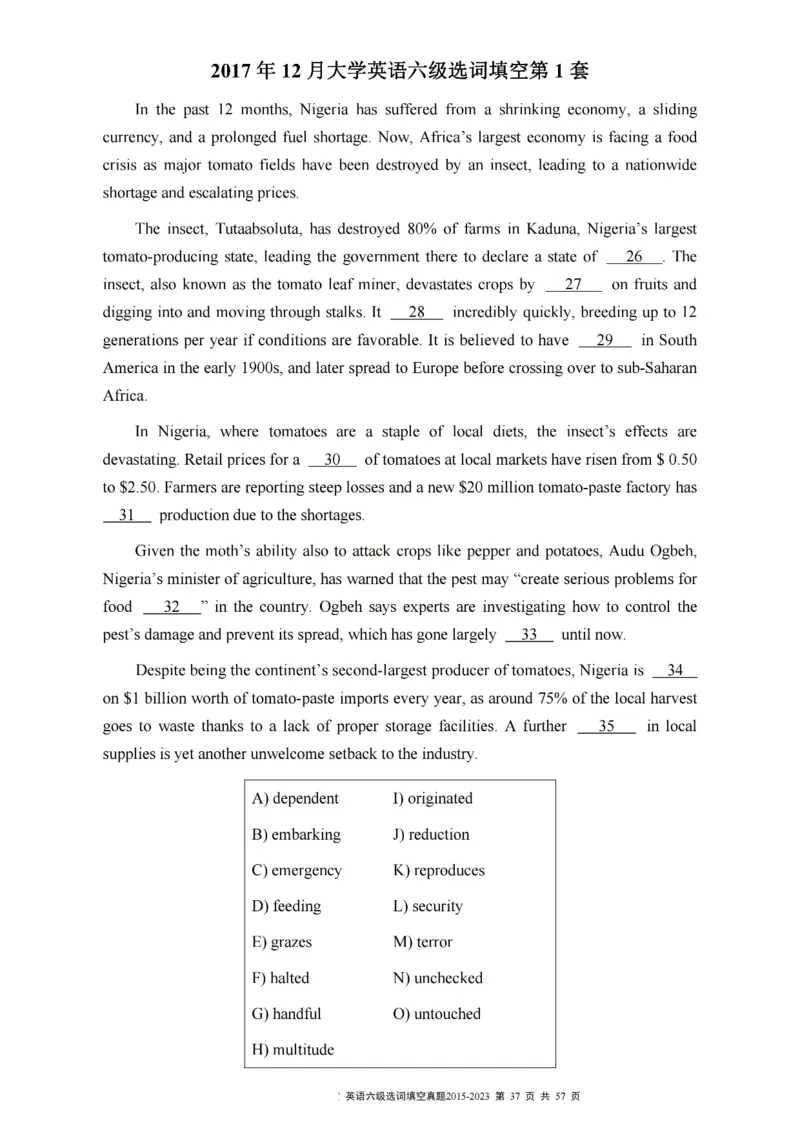 六级选词填空真题2015-2023.12_六级_六级选词填空