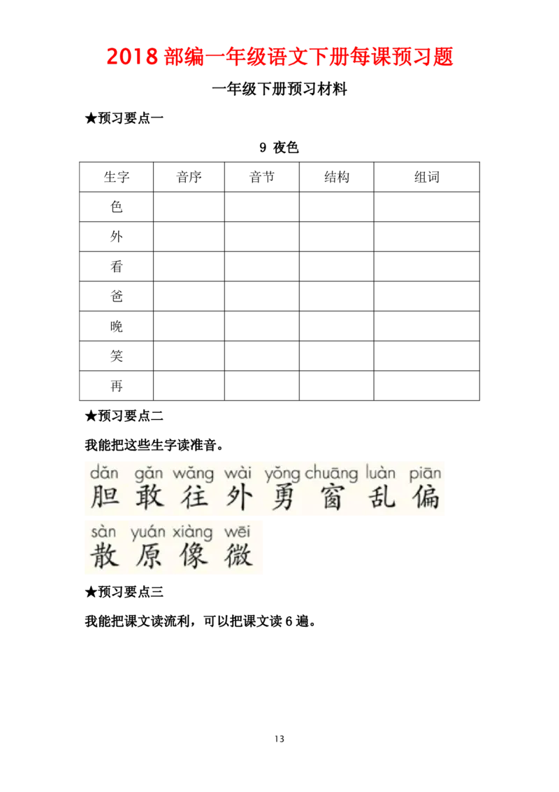 部编一年级语文下册每课预习题__一年级上下册资料_小学一年级学习资料-25年更新版_1-02、小学一年级语文下册_3-6-2-2、练习题、作业、专项、试卷_部编（人教）版_课时练