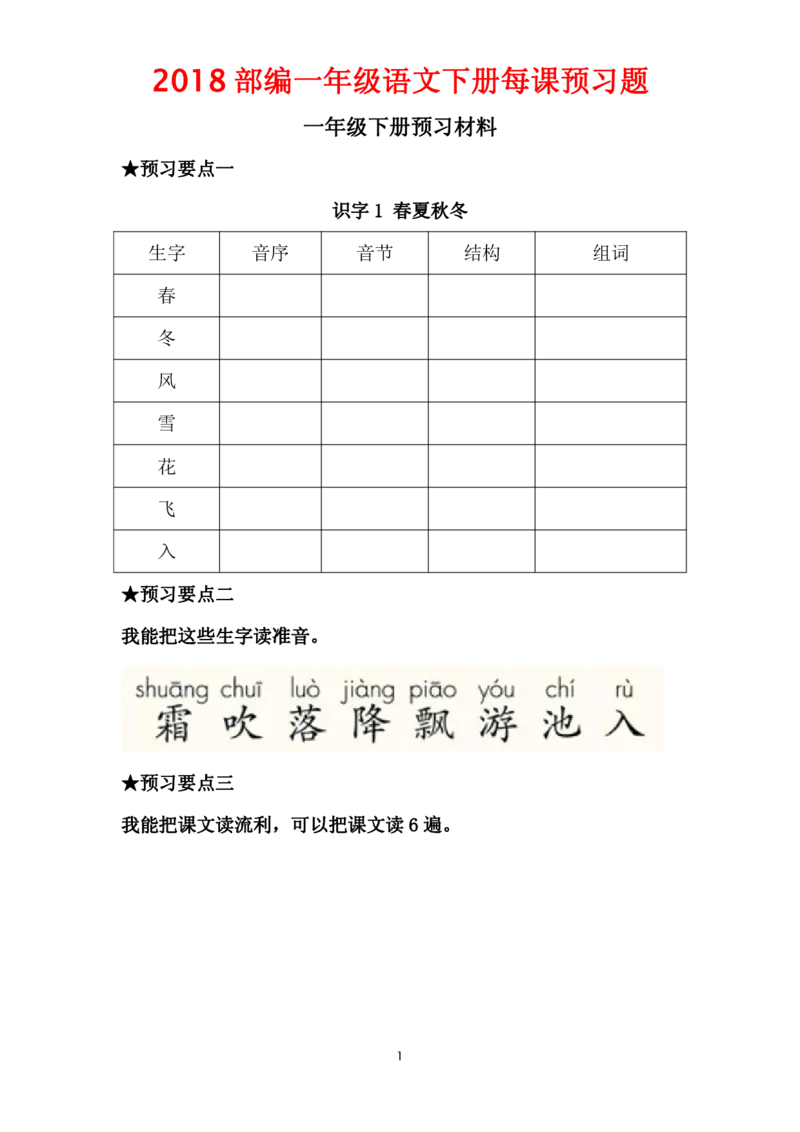 部编一年级语文下册每课预习题__一年级上下册资料_小学一年级学习资料-25年更新版_1-02、小学一年级语文下册_3-6-2-2、练习题、作业、专项、试卷_部编（人教）版_课时练